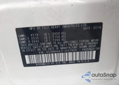 2015 Subaru Legacy 2.5I z USA, uszkodzony, nr VIN 4S3BNAA62F3007929